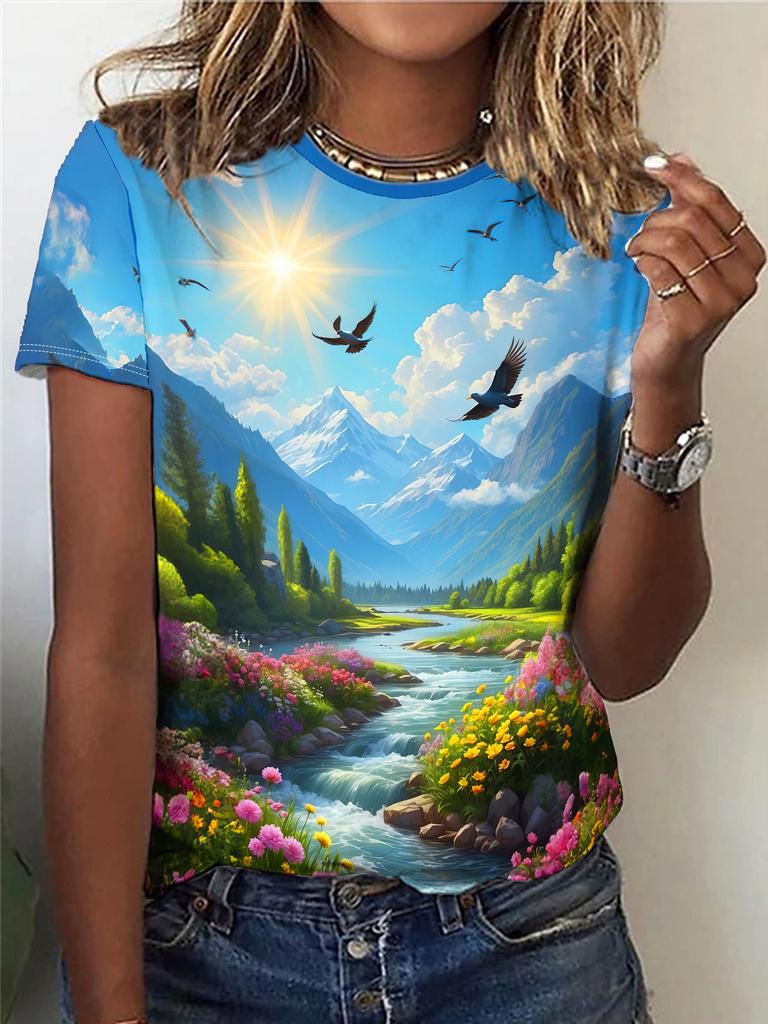 Léto Krásná Krajina Trička s 3D tiskem Ženy Streetwear Neformální Móda Y2k Tričko s krátkým rukávem Tričko s výstřihem do O Trička Topy Oblečení