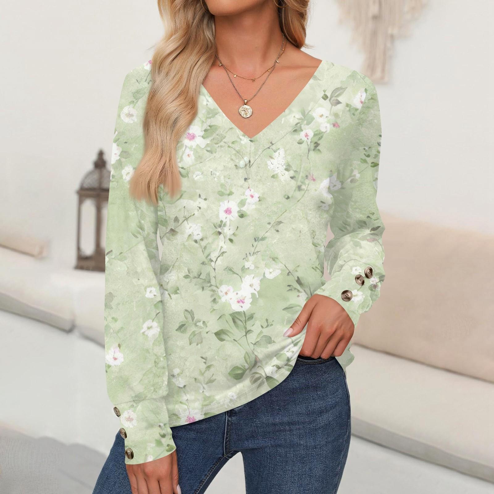 

Женские топы с цветочным принтом, рубашка с длинным рукавом и V-образным вырезом, повседневная свободная футболка, осенняя одежда XXXL