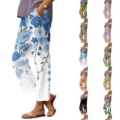 Damen Casual Mode Hosen mit Blumendruck Gerades Bein Hosen mit Taschen