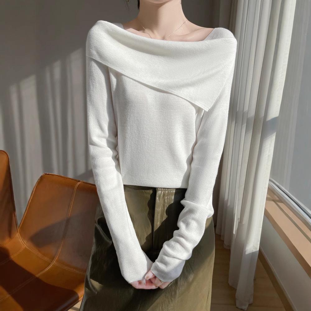 

Women s Merino Wool Off-Shoulder Asymmetric Long Sleeve Knit Top, Spring/Summer French Chic M серый