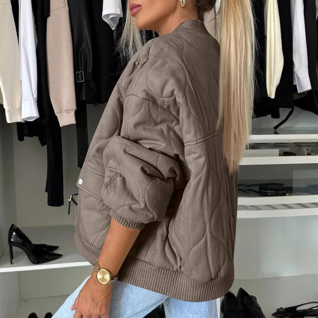 Dámská móda Ležérní podzimní a zimní jednobarevná bunda na zip Bavlněný kabát