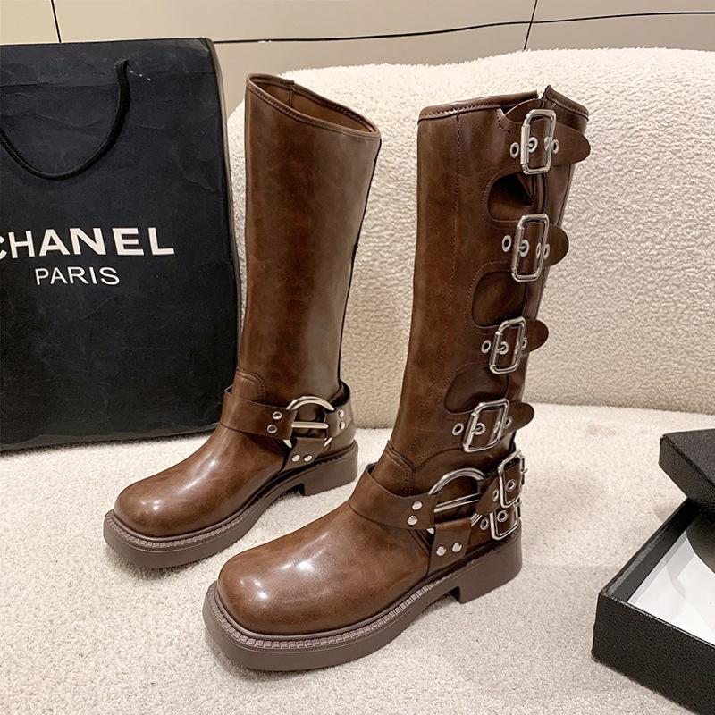Fashion Platform Combat Boots Zip Chuny Heel Buckle Vintage Fashion Casual Luxury Designer Western Mid Calf Boots Shoes Woman