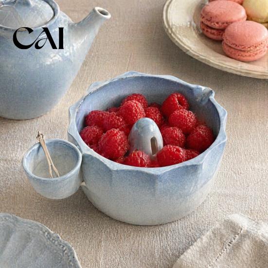 Small Tomato Cleaning Basin Ceramic Berry Washing Bowl, with Side Pouring Spout And Drain Fruit Colander Bowl Holes Design, Self Spinning Strainer,