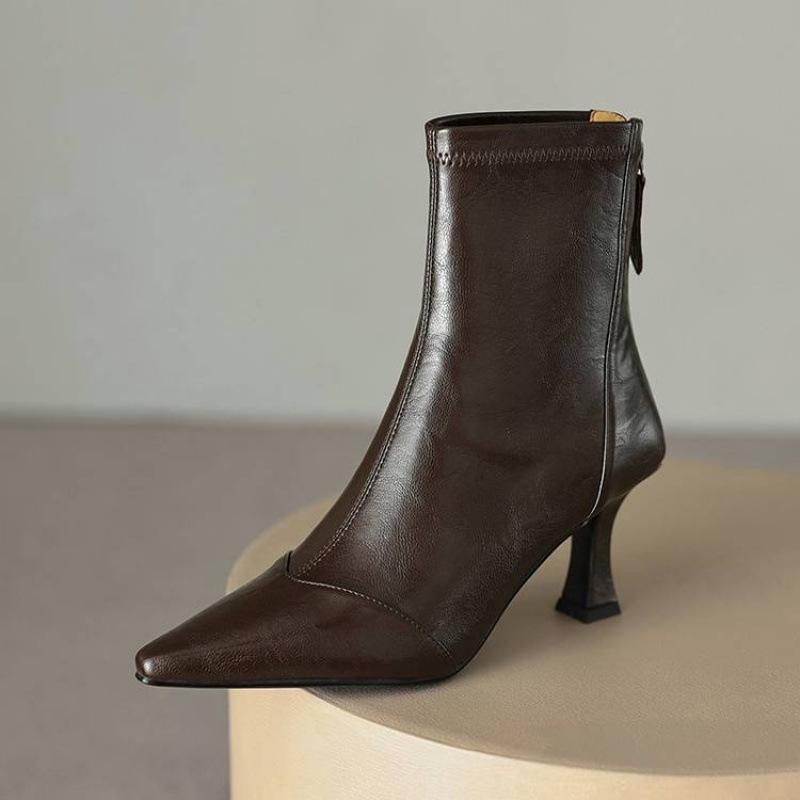 Neue, hochhackige Damenstiefel in großen Größen, mit Reißverschluss hinten, weicher Sohle aus Rindersehnenmaterial, komfortablem Reißverschluss hinten, einfarbigem, vielseitigem Stiletto-Stiefel mit mittelhohem Absatz.