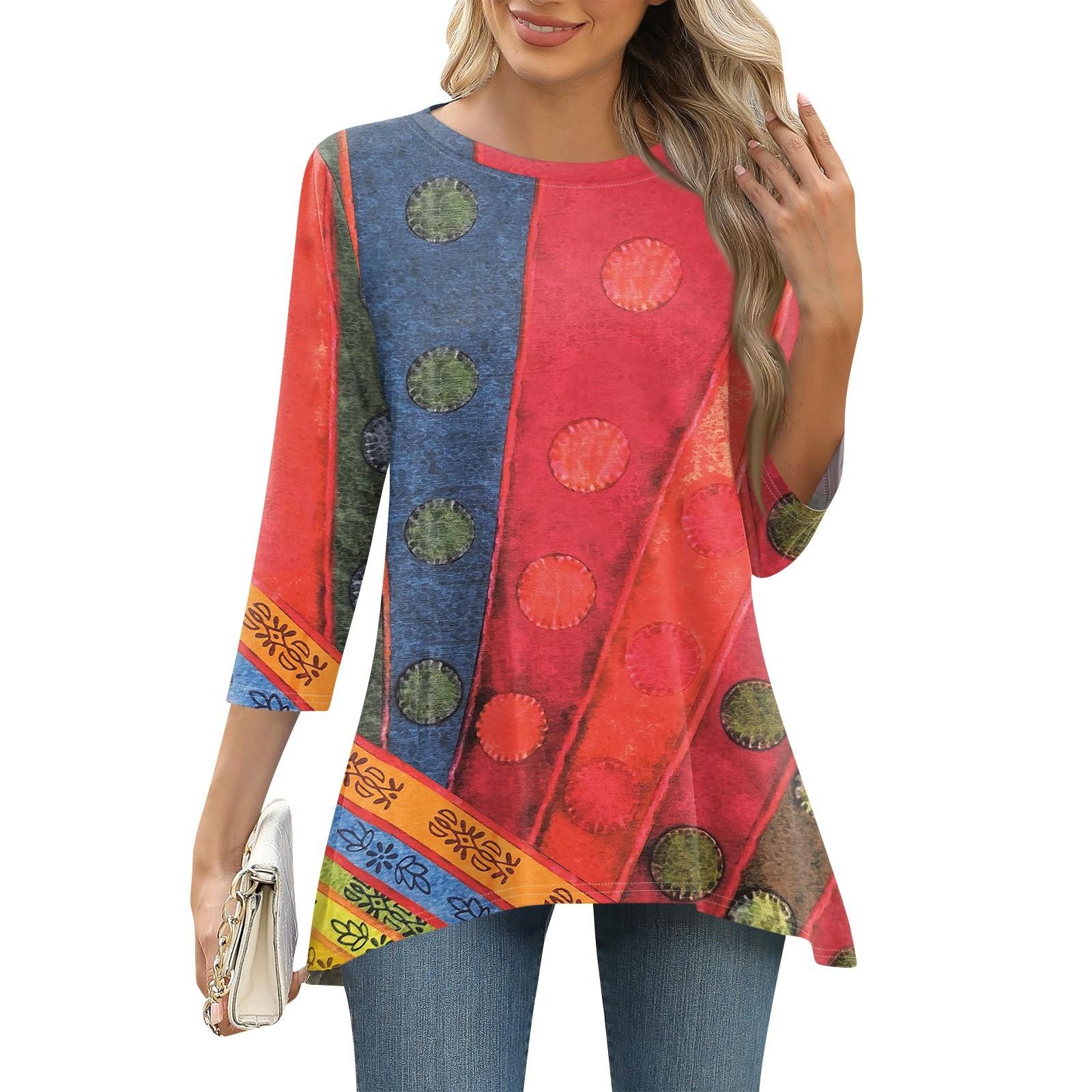 

3/4 рукав туника топы для женщин принтованный повседневный выходной свободный крой модная базовая футболка с круглым вырезом M красный