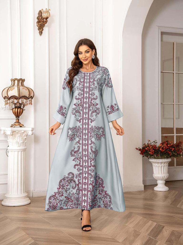 High-Density Beaded Print Muslim Abaya Dress