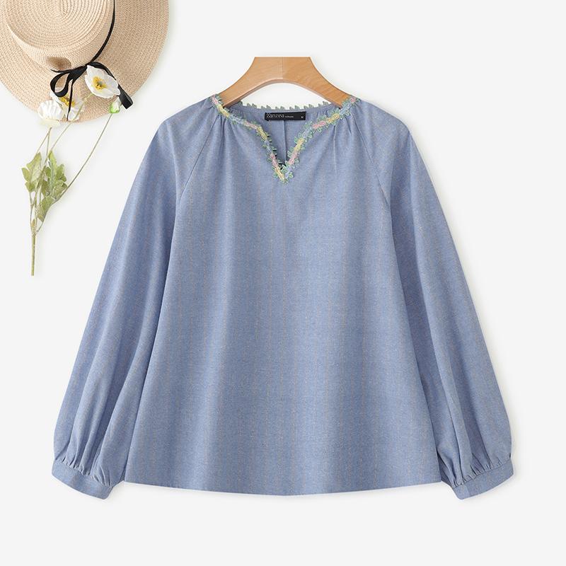 ZANZEA Women Splice V-Neck Loose Casual Long Sleeve Blouse