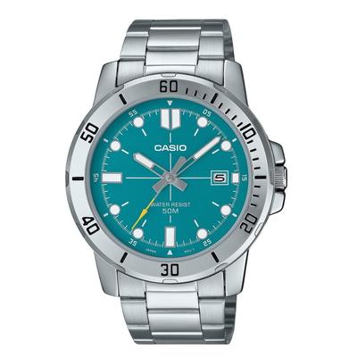 Reloj de cuarzo analógico estándar de acero inoxidable con esfera azul turquesa MTP-VD01D-3E2V para hombre