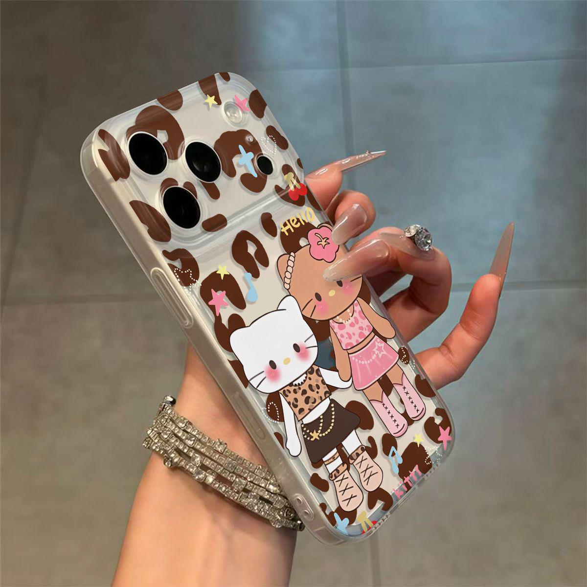 

Leopard Print Hello Kitty Phone Case for Apple 17/16/15/14/13 Pro Max Apple 17 Air Integrated Camera Button