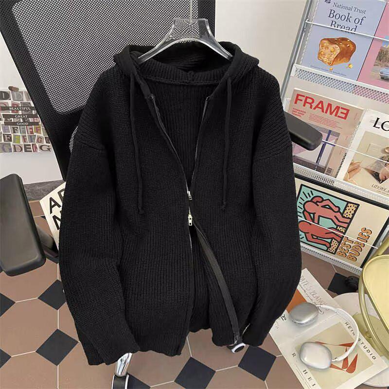 Мужской вязаный кардиган с капюшоном в корейском стиле - Универсальный осенний повседневный свитер M чёрный 2190₽