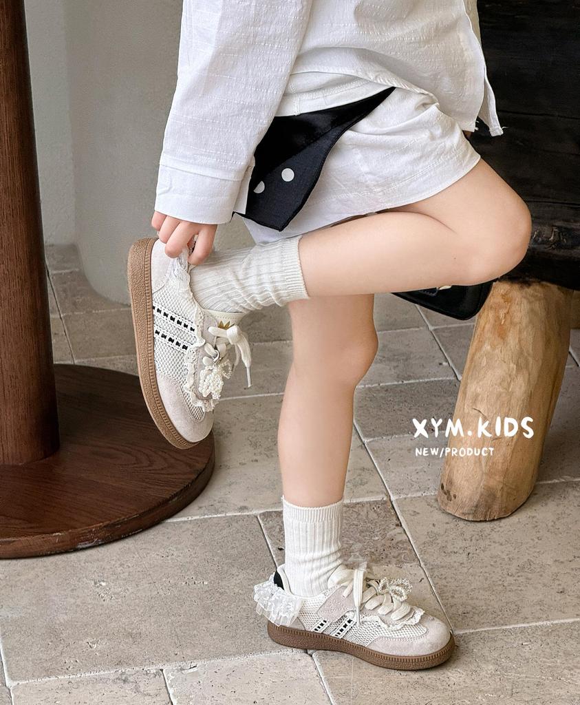 Spring 2026 Kids' Korean-Style Mesh Trainers with Pearl & Lace Trim