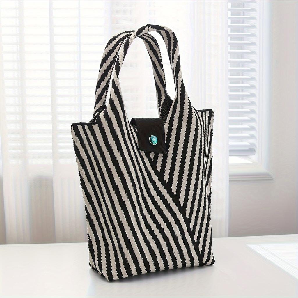 Striped Pattern Knitted Handbag Fashion Crochet Bag For Women Aesthetic Bucket Bag With Snap Button