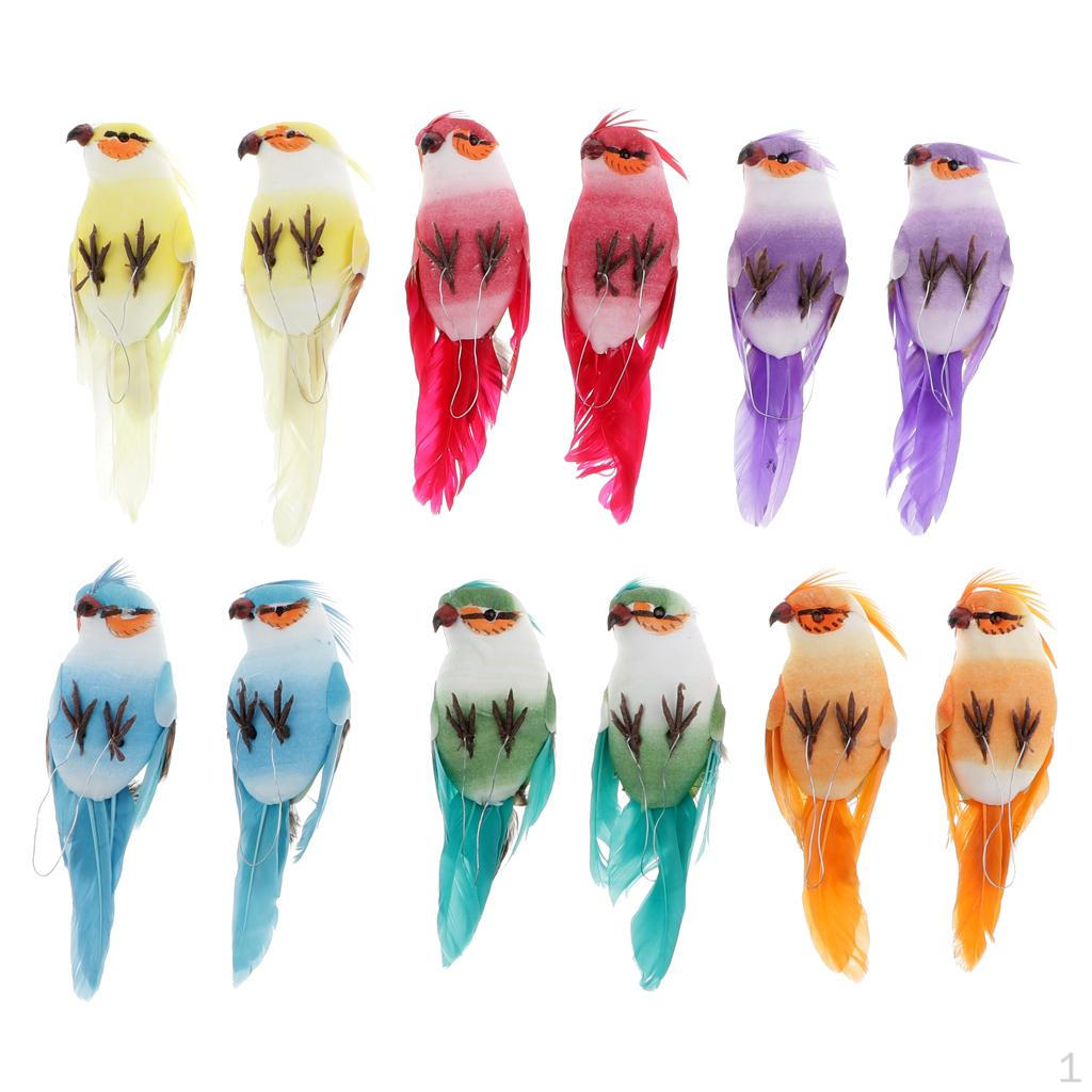 12 Pack Artificial Simulation Foam Feather Type Bird, Mini Parrot Ornaments DIY Craft for Wedding
