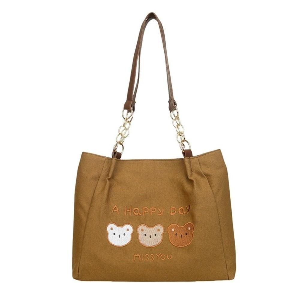 

Printed Bear Shoulder Bag Large Capacity Canvas Handbag Simple Cartoon Tote Bag Office Worker