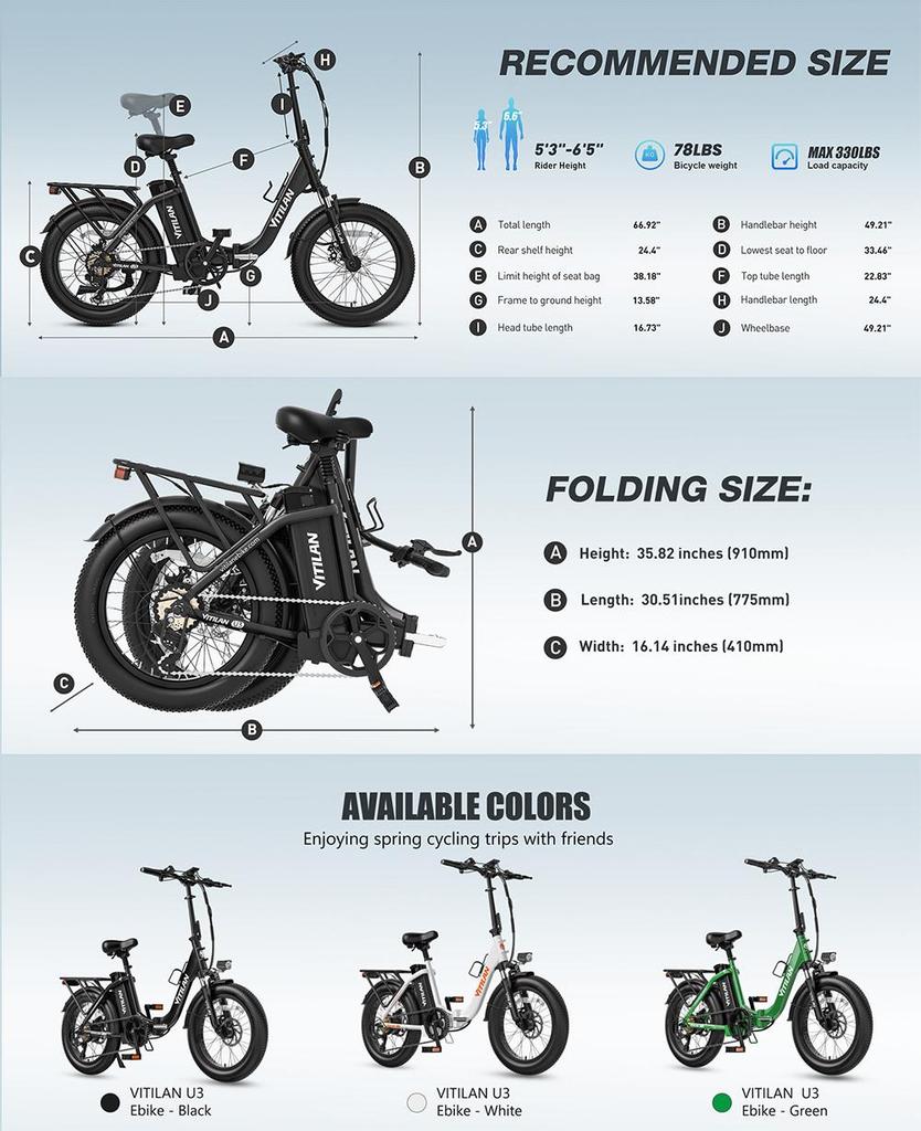 Rower elektryczny Vitilan U3 Silnik 750W Opony Fat 20"x 3" CHAOYANG Odporne na przebicie Rower elektryczny 48V 13AH Dla dorosłych 7 biegów Zielony