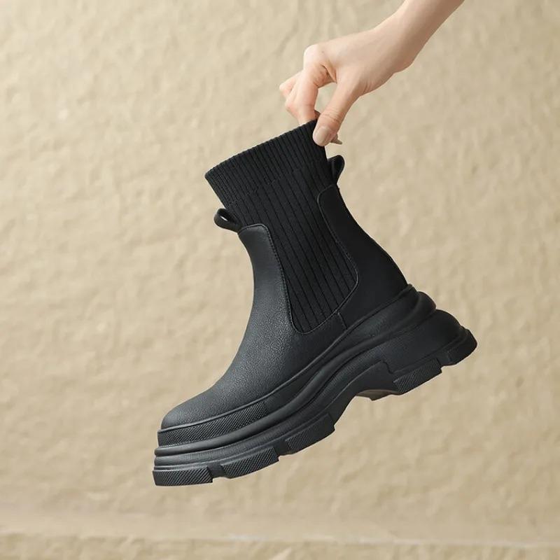 Knitted Spliced Single Boots Women's Fashion Round Toe Sleeve Platform Anti-Slip Wear-Resistant Short Shoe