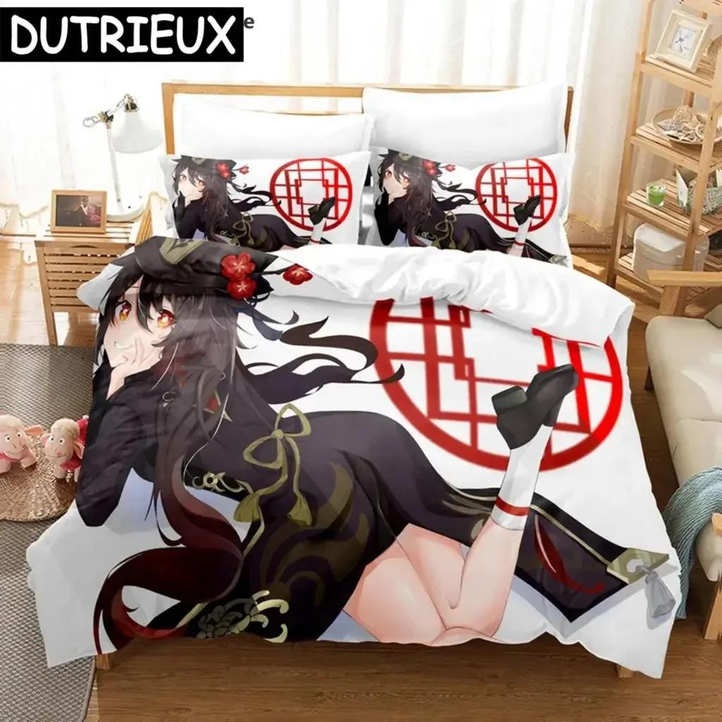 Hu Tao Genshin Impact Spiel 3D Bettbezug Bettwäscheset Steppdecke Leinen Kissenbezüge Heimdeko Einzel Doppel Twin King Queen