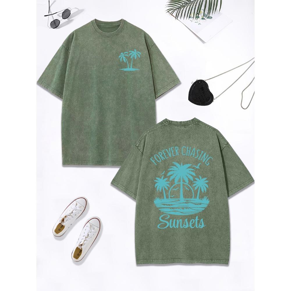 

Вечно в погоне за закатами Пляжные принты Выстиранная футболка Женская Хлопок Оверсайз Топы Уличная Ретро Футболка с круглым вырезом Одежда 3XL