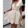 Solid Color Short Sleeved Lace V-neck Waist Cinched Dress