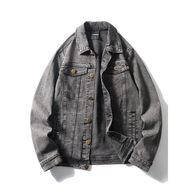 American Retro Smoky Gray Washed Denim Jacket for Men, Autumn and Winter Trendy Brand Short Casual Foreign Trade Men's Workwear Jacket