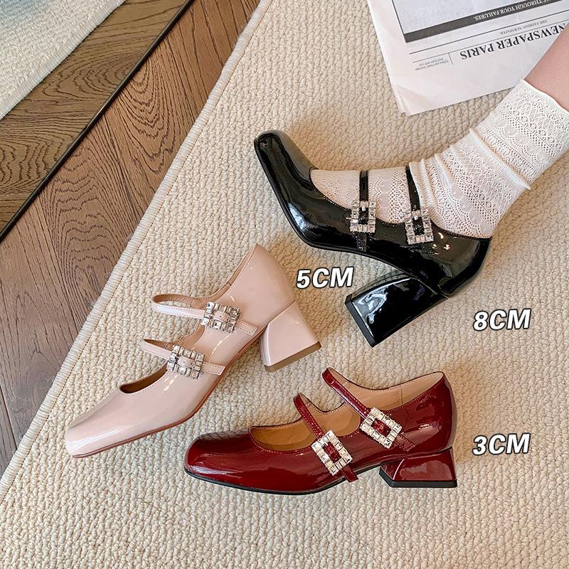2025 Early Spring Round Head and Leather Shallow Mouth One-word Buckle with Rhinestone Square Buckle Single Shoes Bai and Mary Jane Women