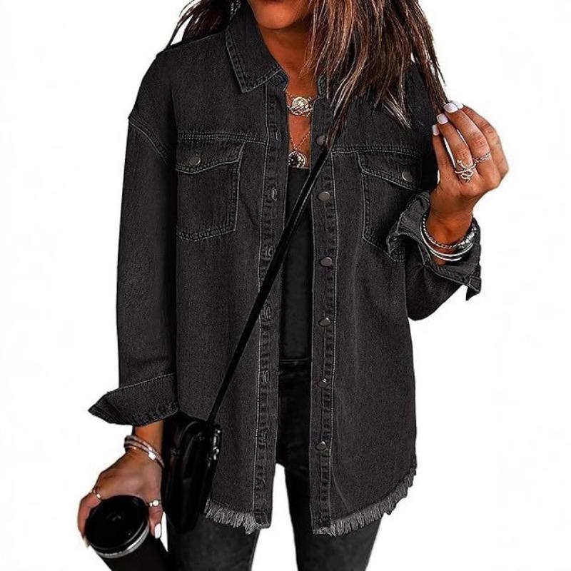 Frayed Edge Denim Loose Casual Long Sleeve Shirt Outerwear