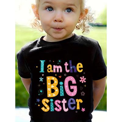 European Sizes Girls' "I Am The BIG Sister" Graphic Print Knit T-Shirt, Comfortable Loose Fit, Stretchy Round Neck Summer Top for Youngsters