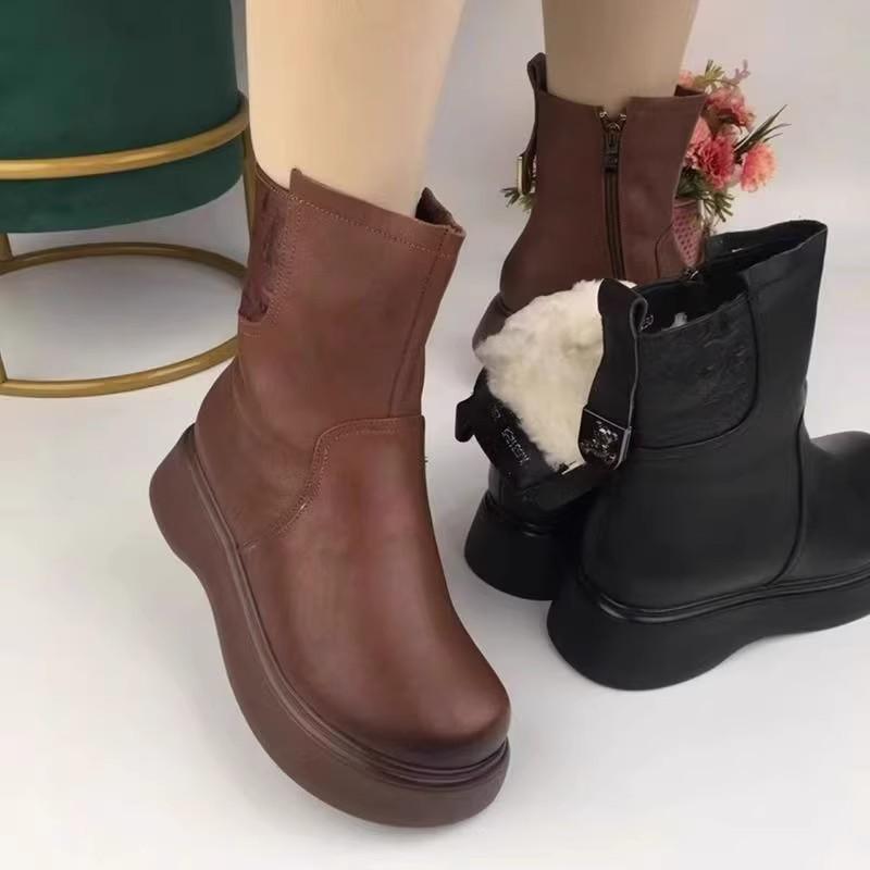 Cizme de zăpadă calde pentru femei până la jumătatea gambei - Piele și blană, cu talpă groasă și pluș, pregătite pentru iarnă pentru mame