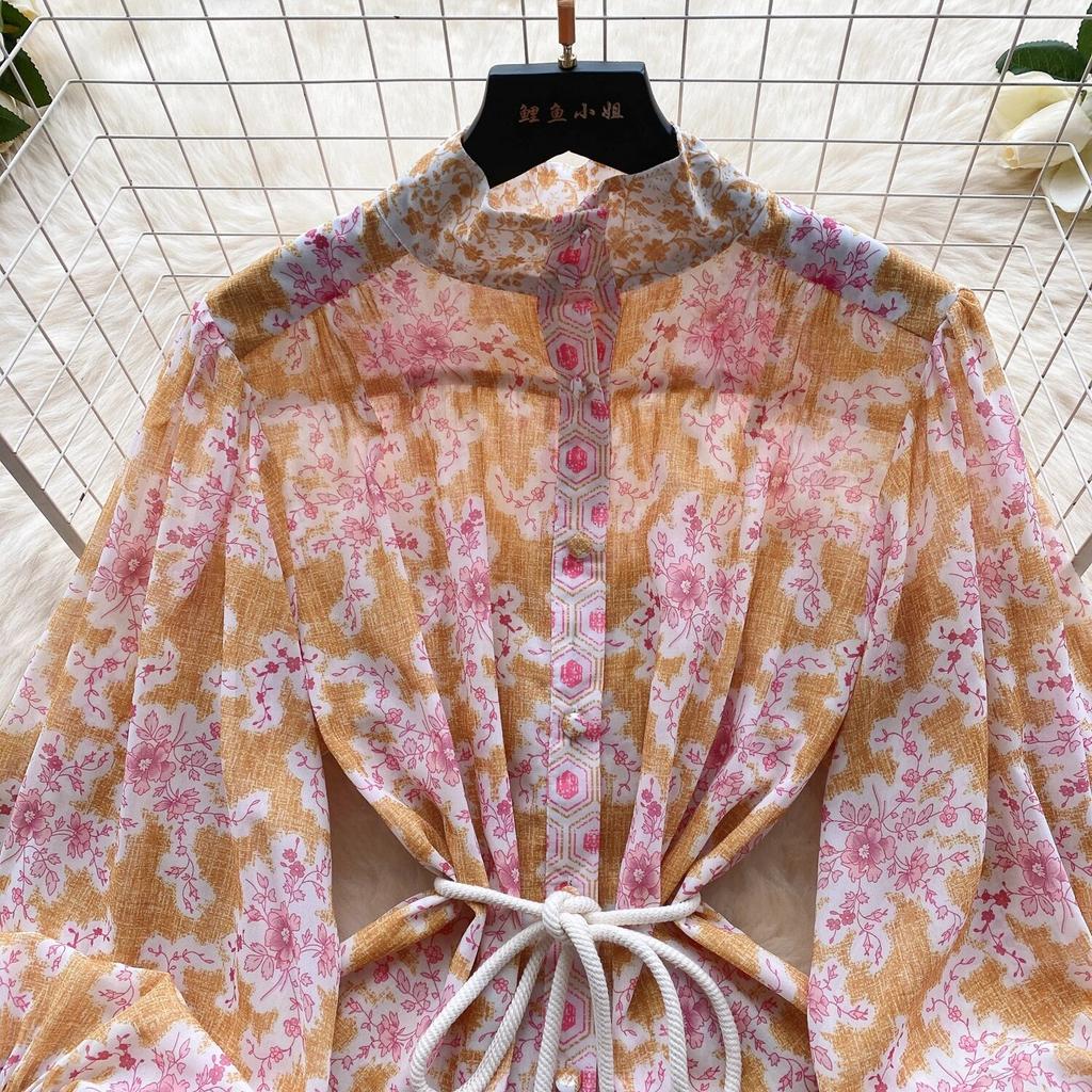 2024 Spring New French sle Puff sleeve Breasted Waist Hugging Slimming Temperament Long Print Formal Dress Chiffon Dress