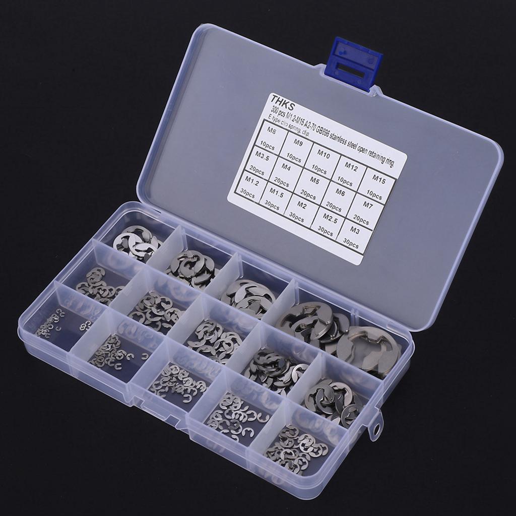300 Pcs E Clip Set Stainless Steel E Type Retaining Ring Circlip Assortment Kit M1.2 M15