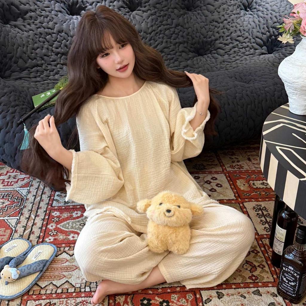 New spring pure cotton pajamas for women, spring and summer long sleeve and long pants set, solid color casual loose loungewear