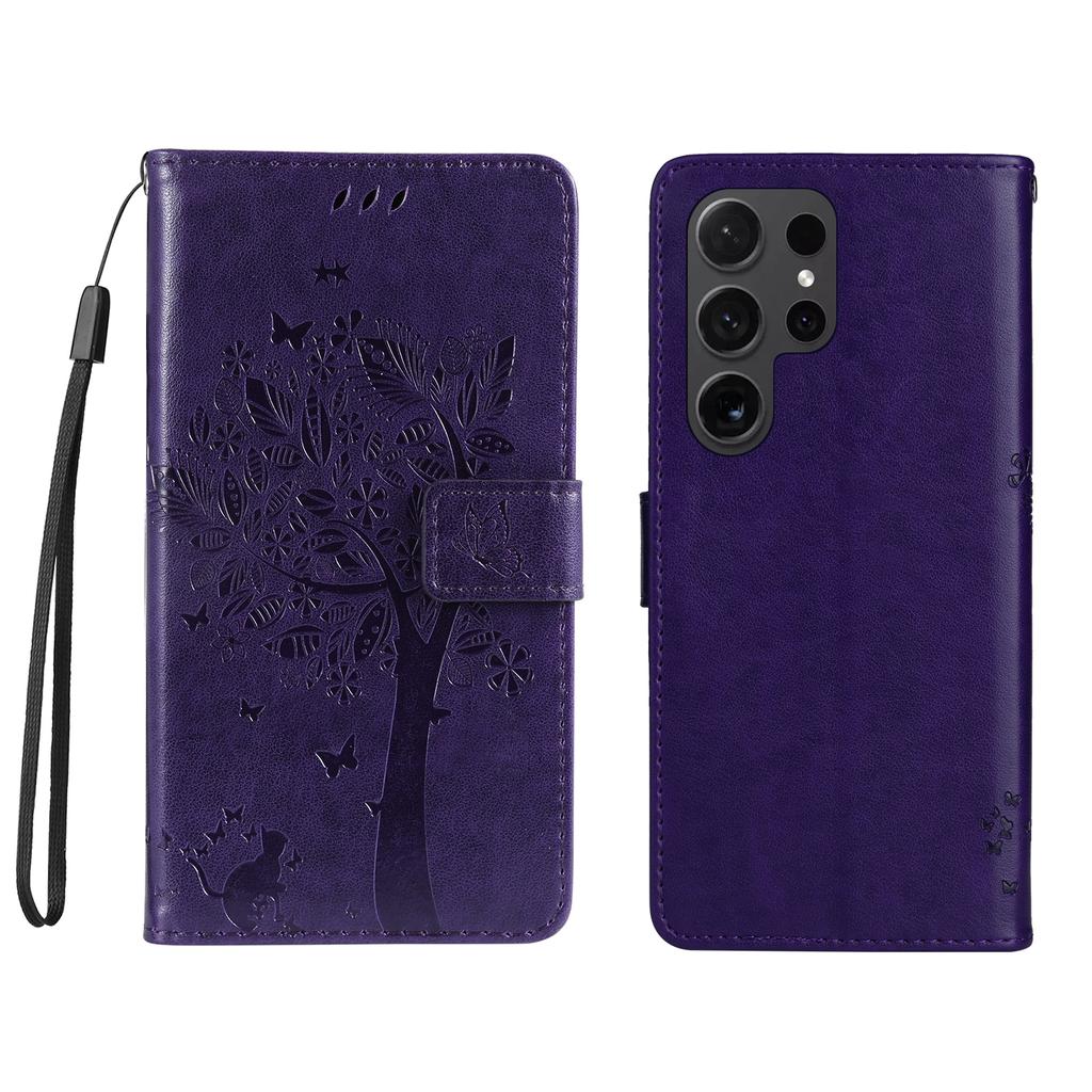 For Samsung Galaxy S24 Ultra Phone Case with Stand Cat Tree Pattern Leather Wallet Mobile Cover
