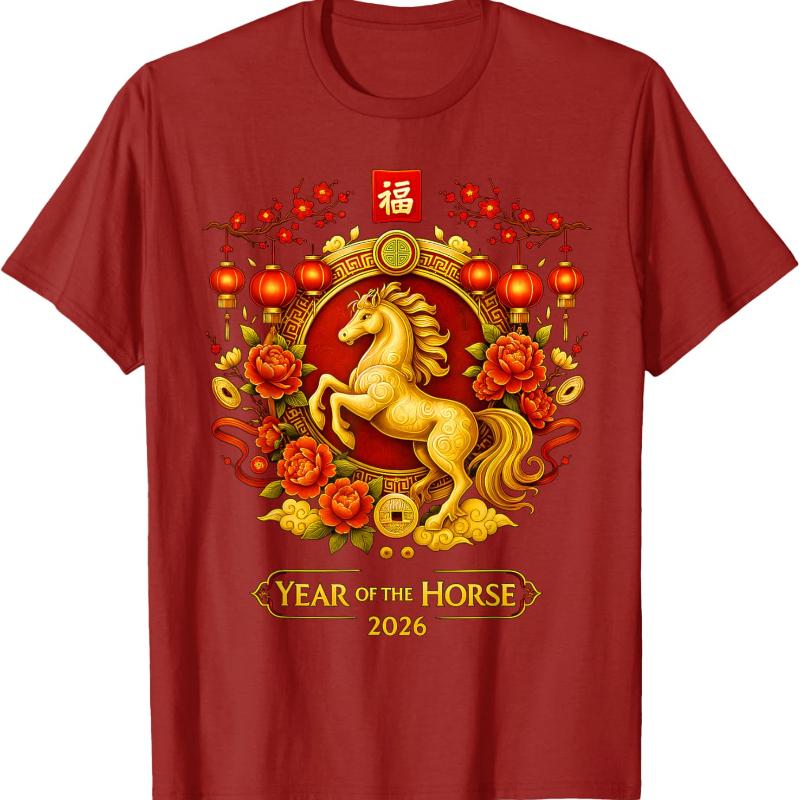 Chinese New Year 2026 Year of The Horse Lunar New Year 2026 TShirt Crewneck Leisure streetwear Allmatch Regular short sleeve