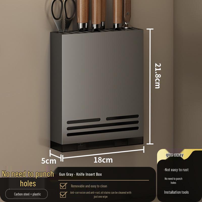 Gunmetal Wall-Mounted Kitchen Rack: No-Drill Seasoning, Knife Holder, Multifunctional Storage Solution