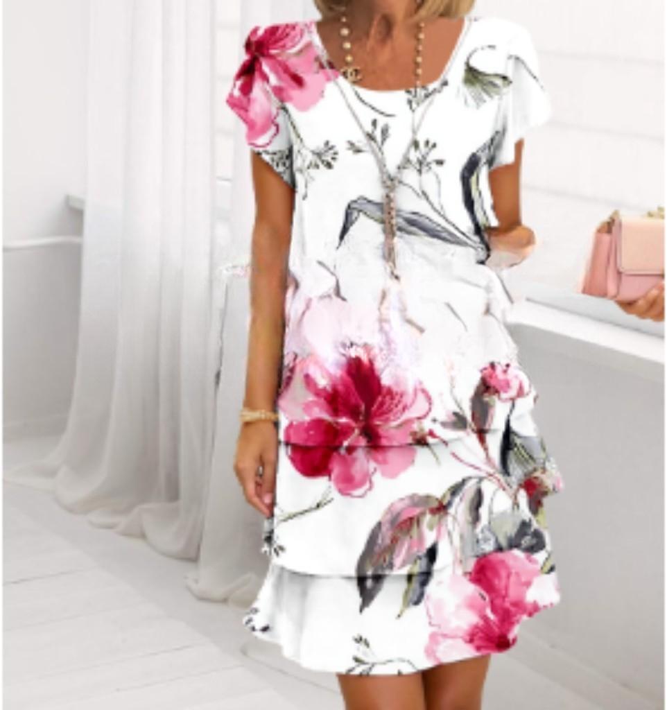 2025 European & American 3D Print Short Sleeve Round Neck Cake Dress for Spring/Summer