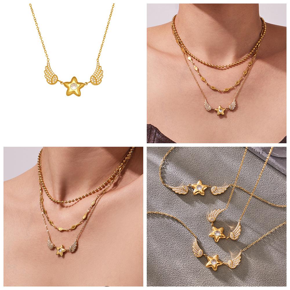 18K Gold Plated Stainless Steel Zircon Star Wings Necklace