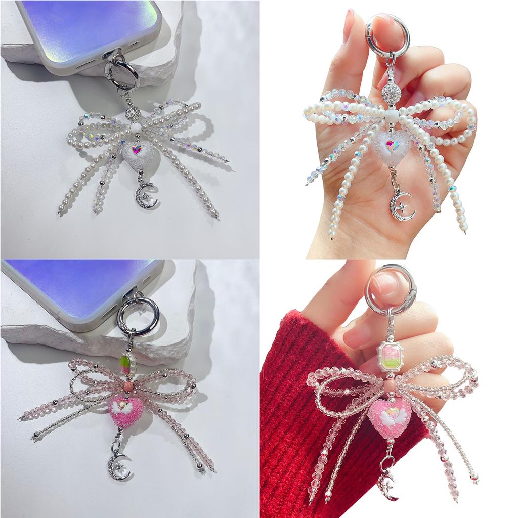 Bowknot Heart Pendant Keychain Beaded Phone Charm Handmade Bows Phone Lanyard Car Keyring Jewelry for Wallet Handbag