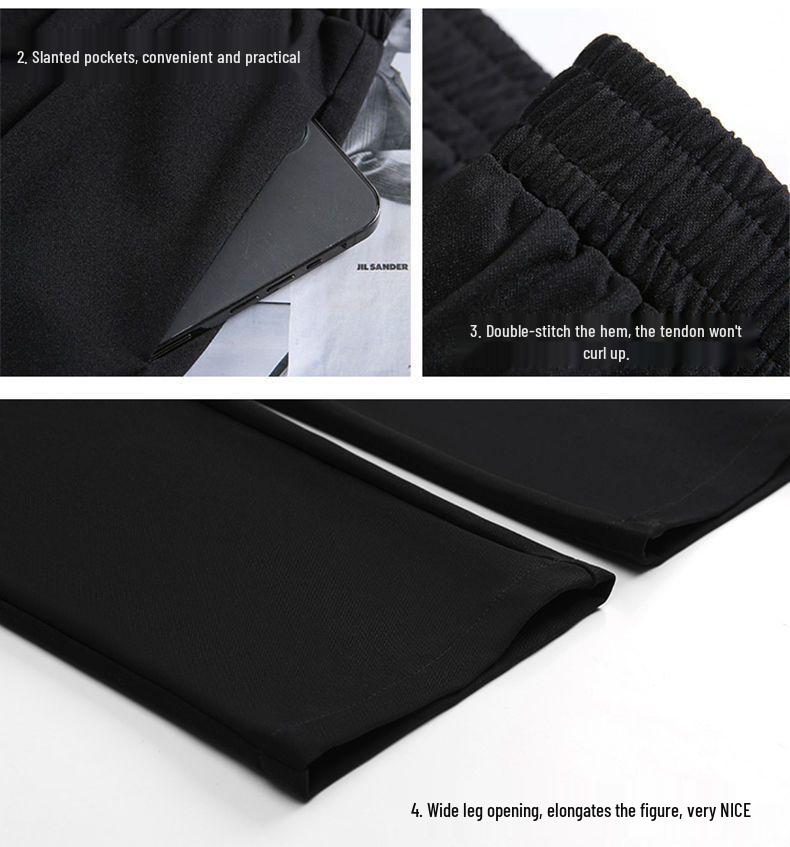 Women's Black High-Waisted Wide-Leg Pants - Spring Casual, Loose-Slimming, Floor-Length, Versatile, Drapey Straight Suit Pants