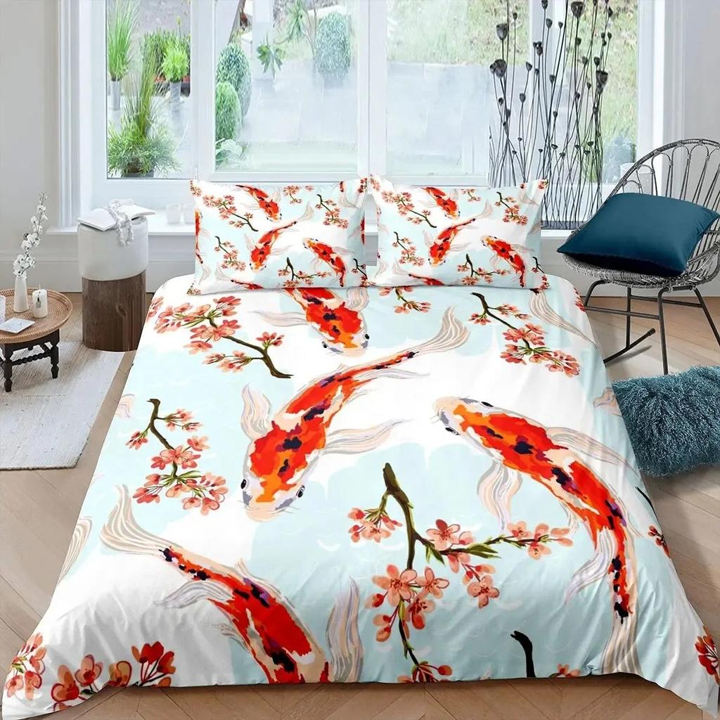 Koi Fish Duvet Cover Set King Size Oriental Asian Culture Lotus Bedding Set Microfiber Twin Cloud Quilt Cover For Girl Farmhouse