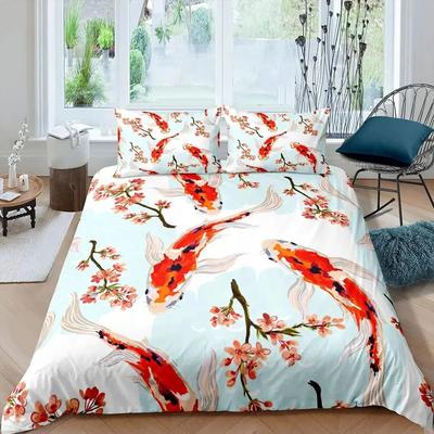 Koi Fisch Bettbezug Set King Size Orientalische Asiatische Kultur Lotus Bettwäsche Set Mikrofaser Twin Wolken Steppdeckenbezug Für Mädchen Bauernhaus