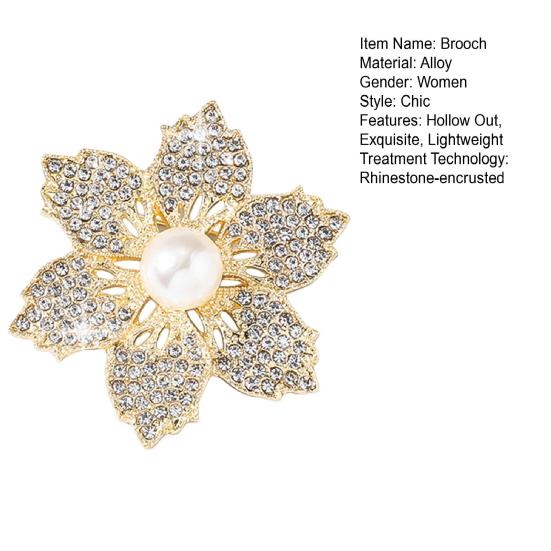Lady Brooch Bauhinia Shape Rhinestone Faux Pearl Hollow Out Anti-slip Bag Coat Collar Hat Decoration Clothes Pin Party Prom