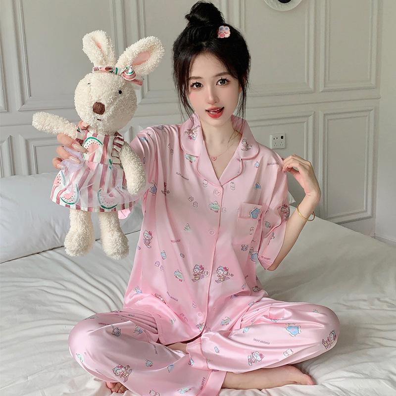 Sweet Wind Cartoon Printed Pajamas Girls Short Sleeves Long Pants Milk Huhu Ice Silk Loungewear Wear Outfit