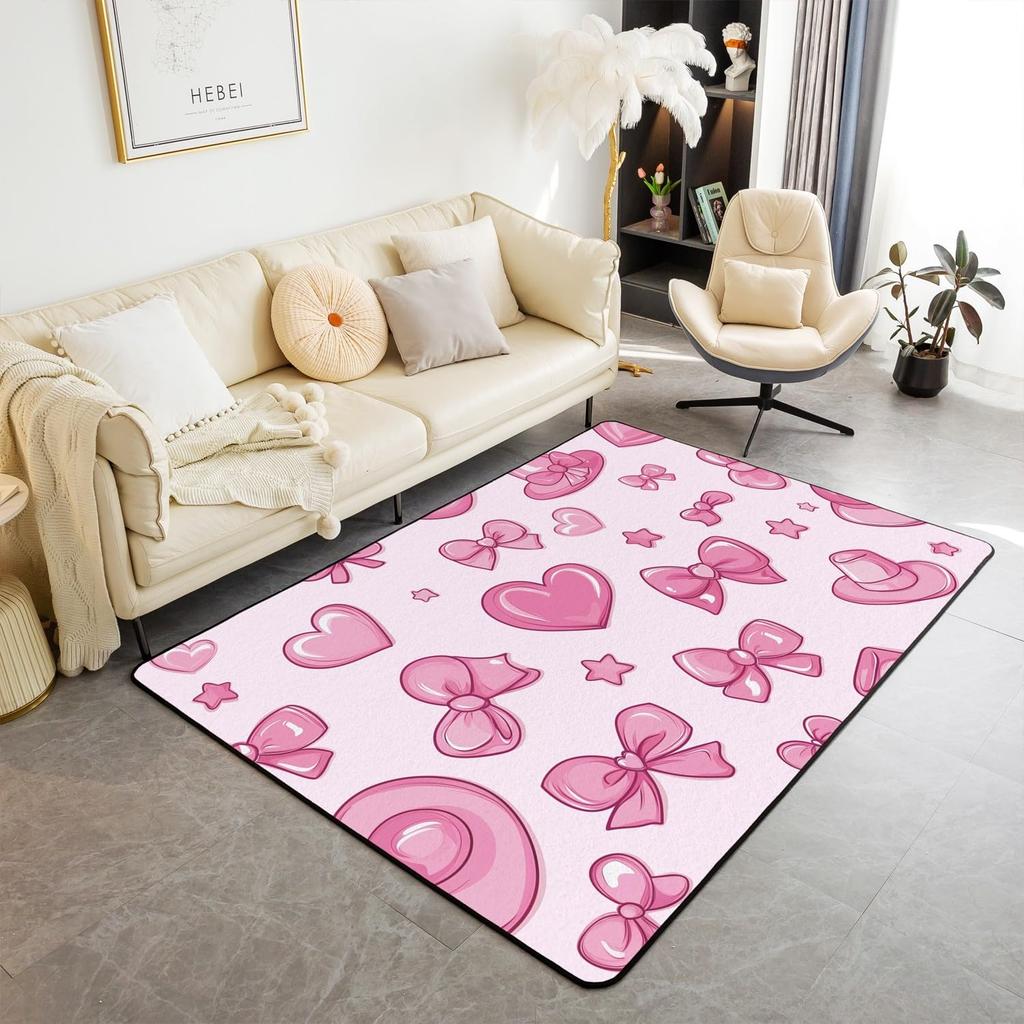 Erosebridal Bowknot Living Room Rugs for Girls, Girly Bow Knot Decorative Carpet Stripes Diamond Area Rug 6'6" x 4'11" for Kids Women, Kawai