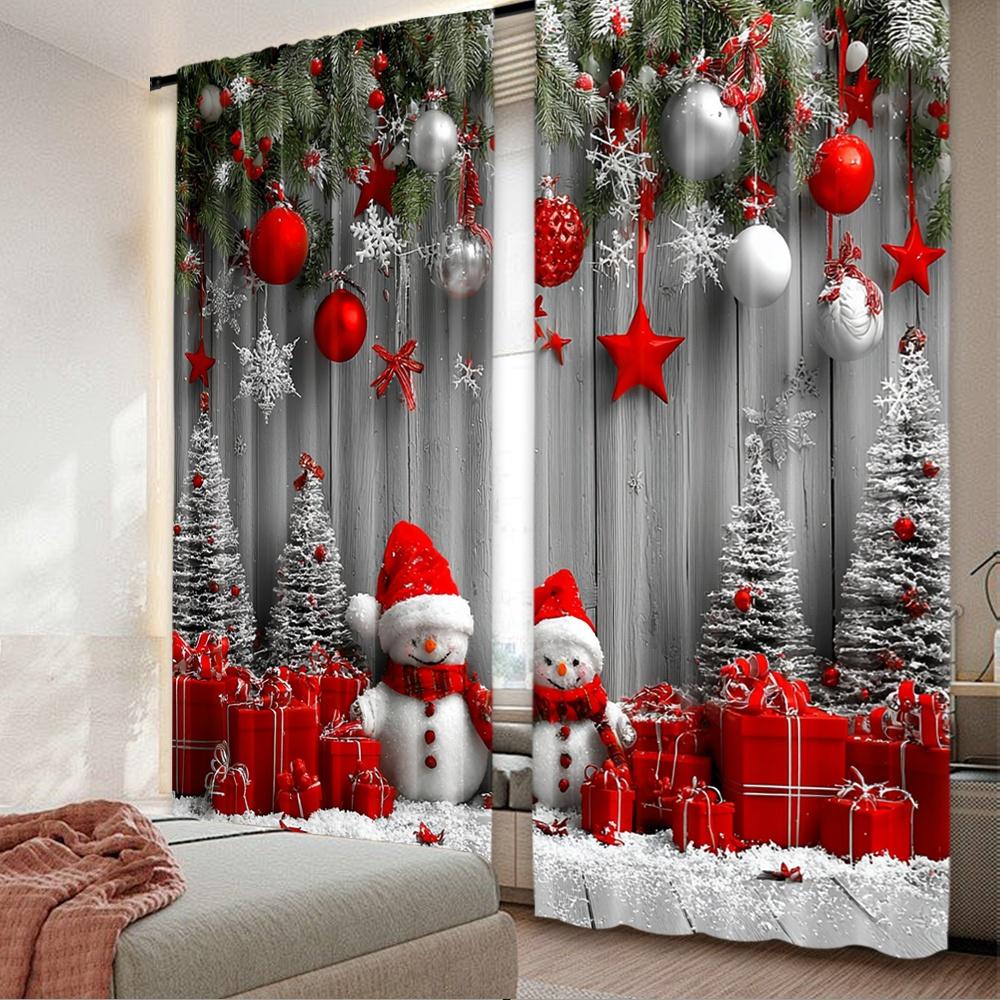 

Flat Printing Merry Christmas Curtains Festive Snowmen Durable Polyester Fiber Birthday Party Outdoor Holiday Curtain Set Of 2 Made Washable W100*H70(CM)-Grommet top&1PCS