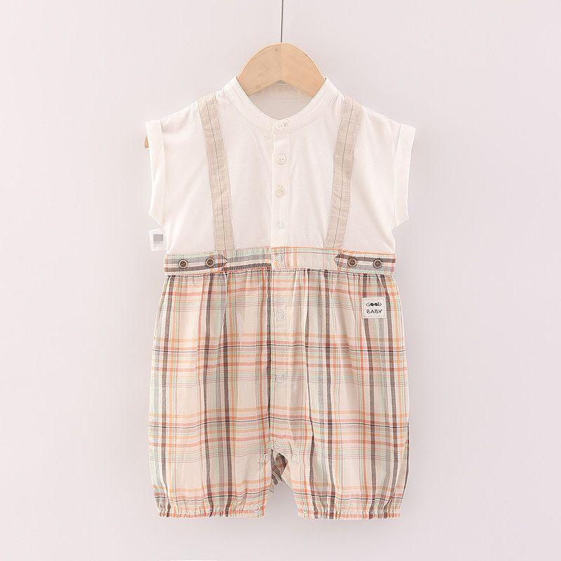 [Good] Counter Brand Discount Children s Clothing Summer New British Style Pure Cotton Plaid Stitching One-Piece Romper 2t030 Original White 66cm (Defective Product: Hole)