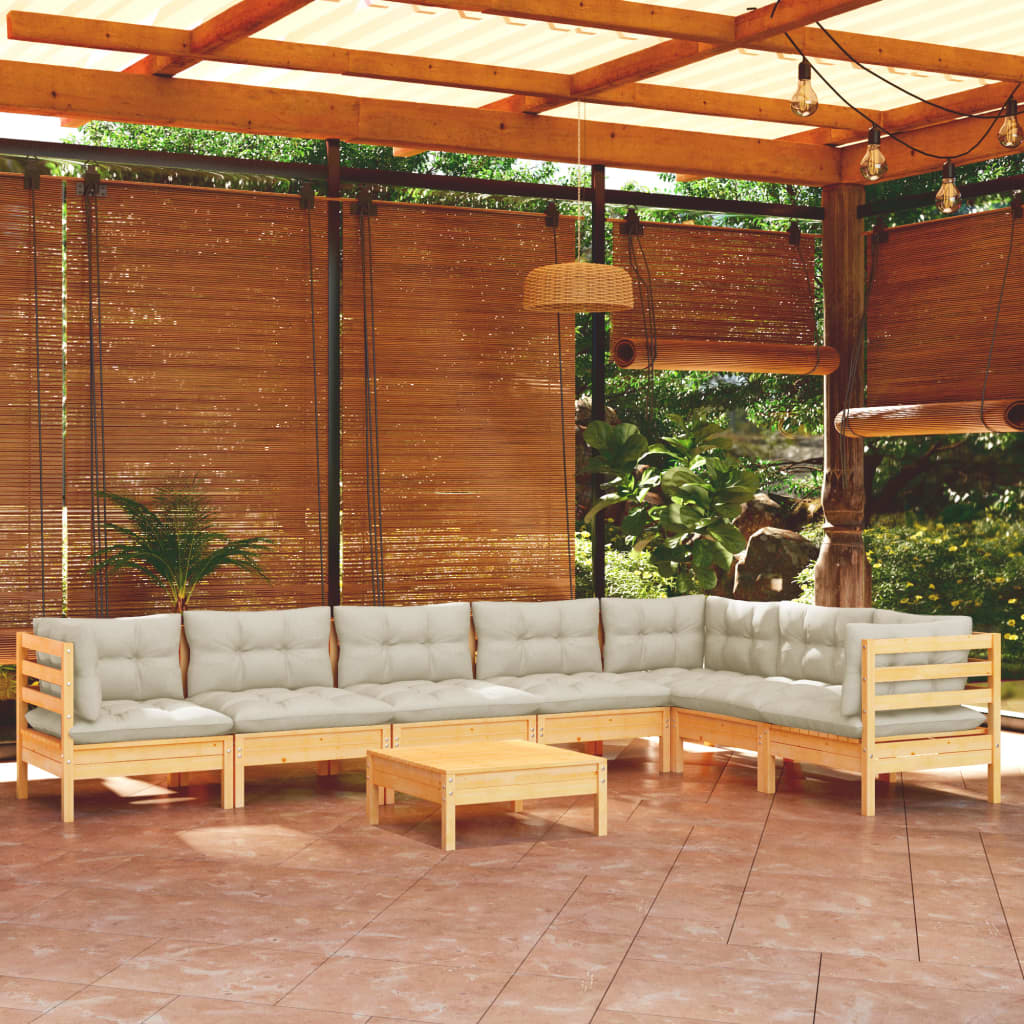 Vidaxl 8-Cz. Garden Lounge Set, Cream Cushions, Pine