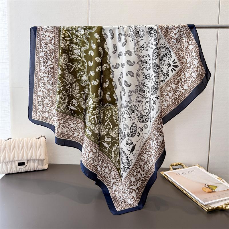 New Spring and Autumn Satin Simulation Silk Large Square Scarf Silk Scarf Printed Travel Shawl Scarf Sunscreen Headscarf Ladies Scarf