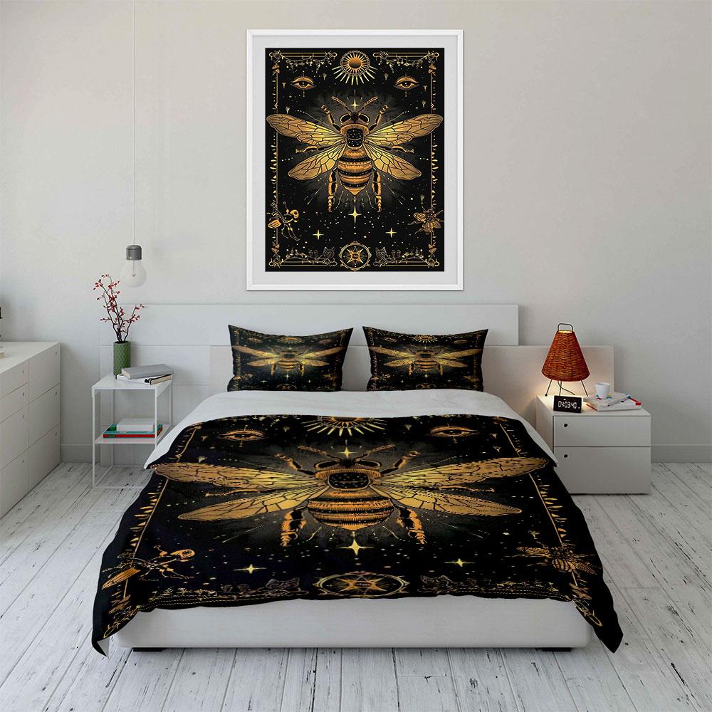 Golden bee with symbols. Bedding sets Duvet cover sets Duvet covers Pillowcases(1 * Duvet Cover 2 * Pillowcases, without duvet insert)