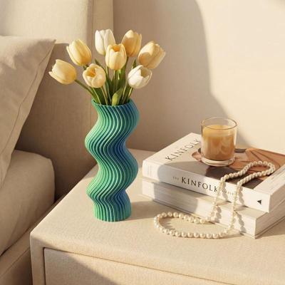 3D Geprinte Gestreepte Vaas Onregelmatige Gebogen Vorm Kunst Bloemenhouder Moderne Decoratie Pot Voor Gedroogde Bloem Huis Tafelblad Ornament
