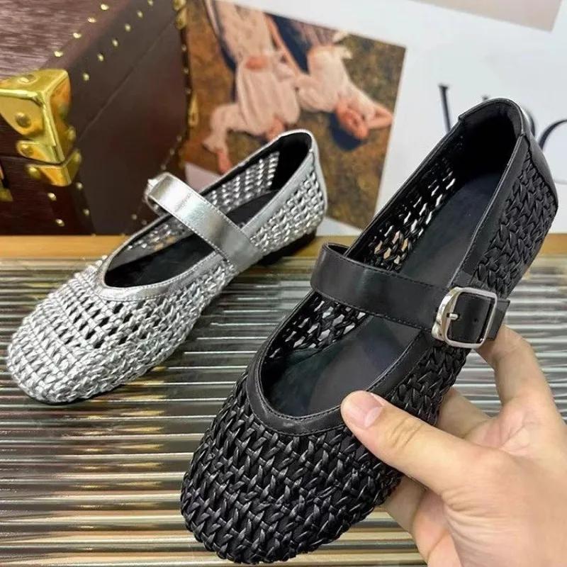 Siatkowe Puste Płaskie Sandały Buty Mary Jane Damskie Plecione Letnie 2025 Trend Płaskie Codzienne Mokasyny Nowe Skórzane Eleganckie Zapatos Mujer